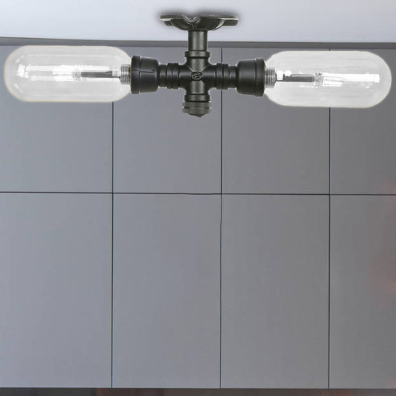 Vintage Matte Black Semi Mount Ceiling Light With Clear Glass Shades - 2 - Light Capsule Design / A
