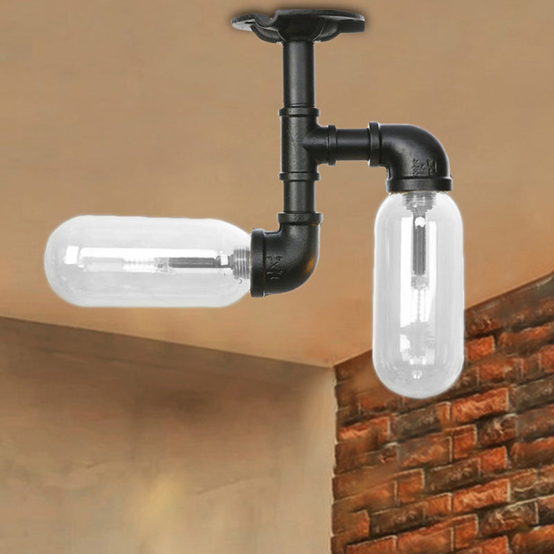 Vintage Matte Black Semi Mount Ceiling Light With Clear Glass Shades - 2-Light Capsule Design / D