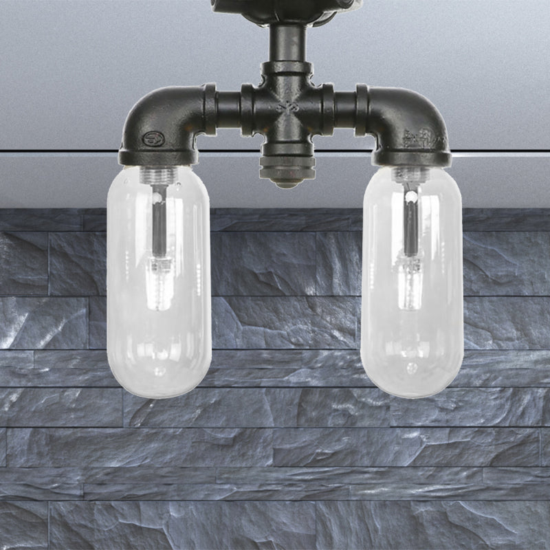 Vintage Matte Black Semi Mount Ceiling Light With Clear Glass Shades - 2-Light Capsule Design / B