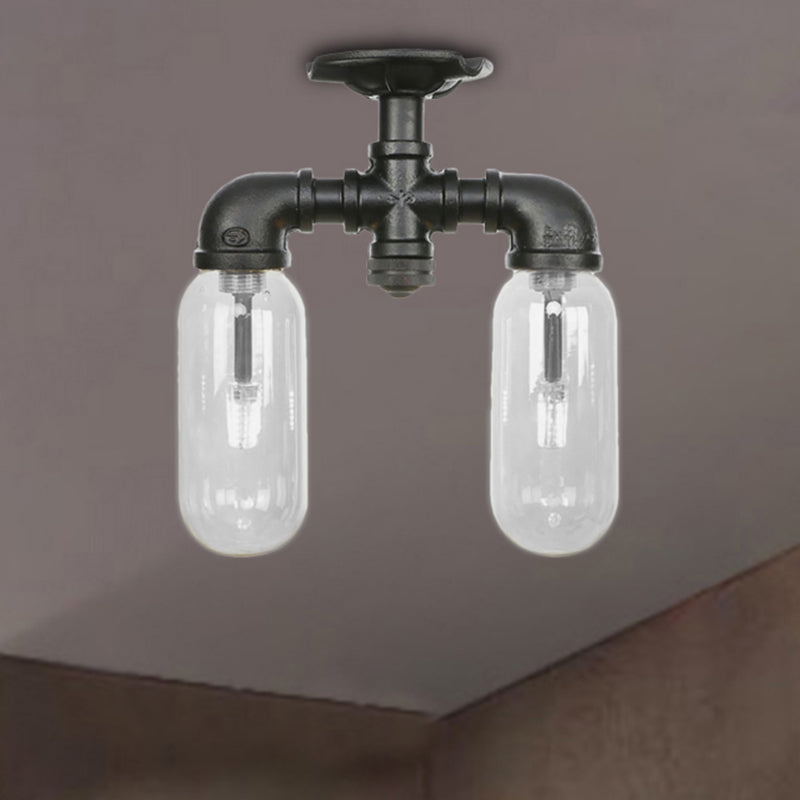 Vintage Matte Black Semi Mount Ceiling Light With Clear Glass Shades - 2 - Light Capsule Design