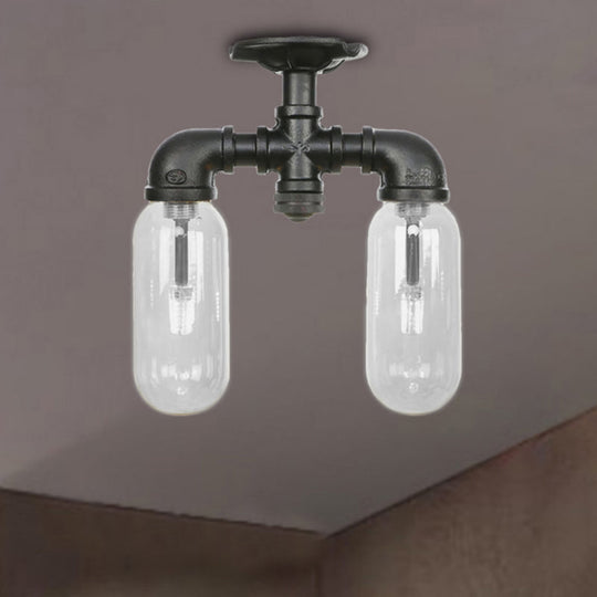 Vintage Matte Black Semi Mount Ceiling Light With Clear Glass Shades - 2 - Light Capsule Design