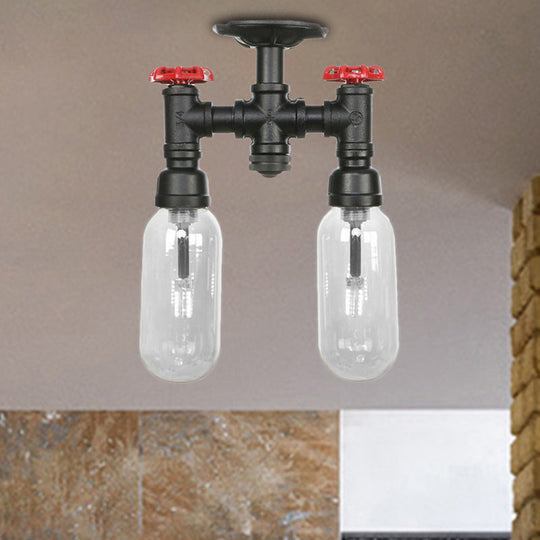 Vintage Matte Black Semi Mount Ceiling Light With Clear Glass Shades - 2-Light Capsule Design / C