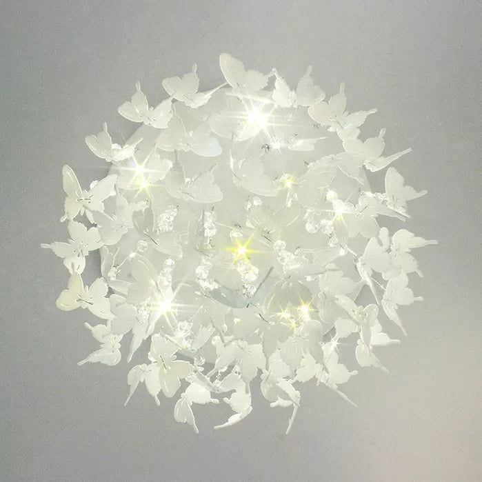 Romantic Butterfly Crystal Flush Ceiling Light For Shop - Round Metal White Fixture