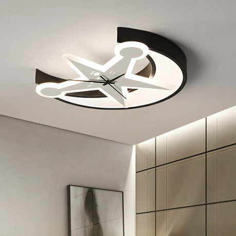 Modern Black Acrylic Clock Flush Ceiling Light With Moon & Star Led For Dining Room