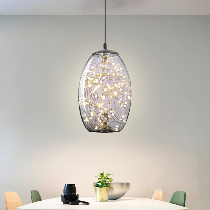 Contemporary Led Pendant Light With Elegant Amber/Smoke Grey Glass Globe/Cylinder/Oval Design For