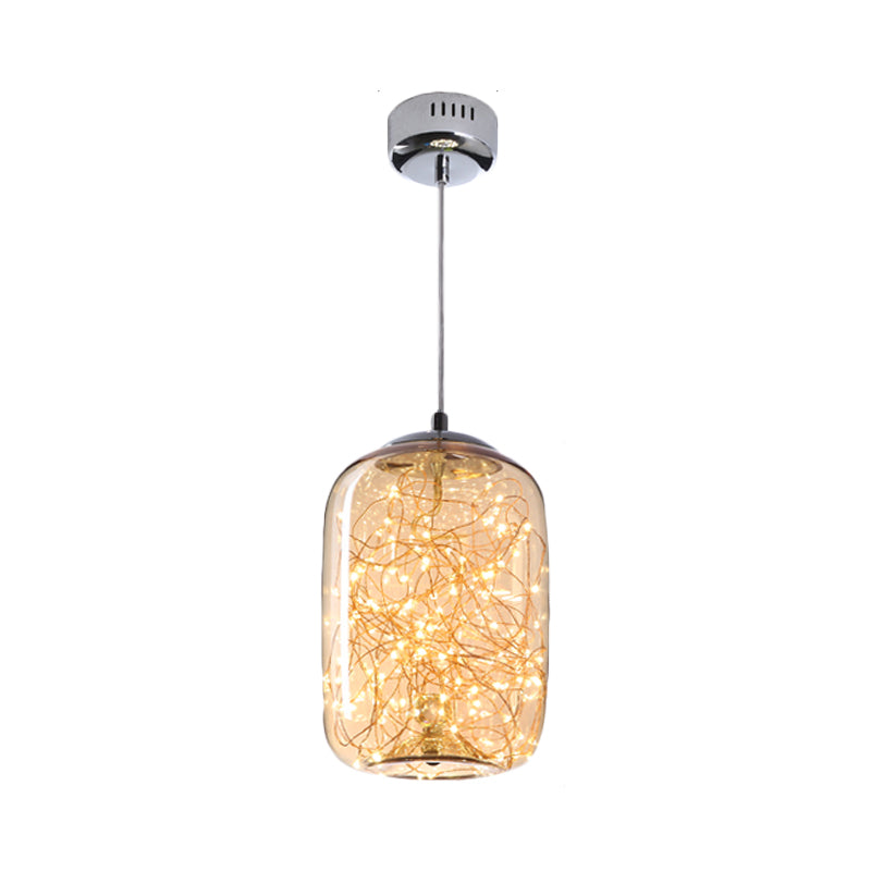 Contemporary Led Pendant Light With Elegant Amber/Smoke Grey Glass Globe/Cylinder/Oval Design For