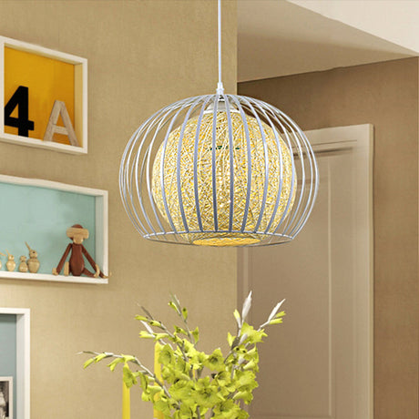 Globe Pendant Dining Room Light With Modern Wire Cage And Beige Cotton Shade
