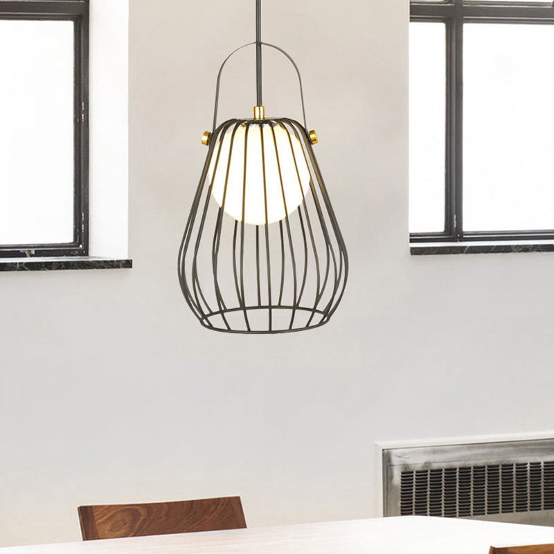 Gourd Cage Pendant Light Kit - Minimalist Metal Hanging Ceiling Black