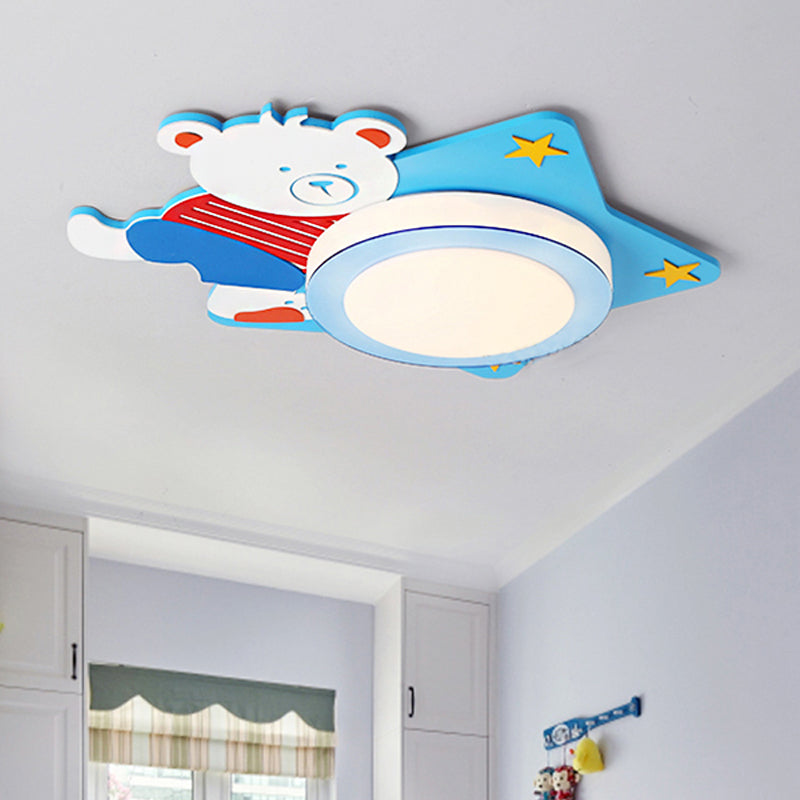 Boys’ Cartoon Bear Wood Animal Blue Led Ceiling Light