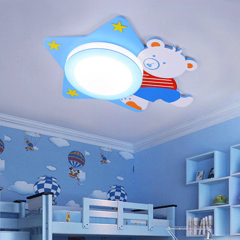 Boys Cartoon Bear Wood Animal Blue Led Ceiling Light