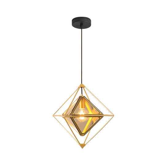 Contemporary 1-Light Pendant With Amber/Smoke Gray Glass Shade - Polygon Ceiling Lamp Black/Gold