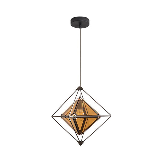 Polygon Ceiling Lamp With Amber/Smoke Glass Shade - Modern Pendant Light Black/Gold Frame