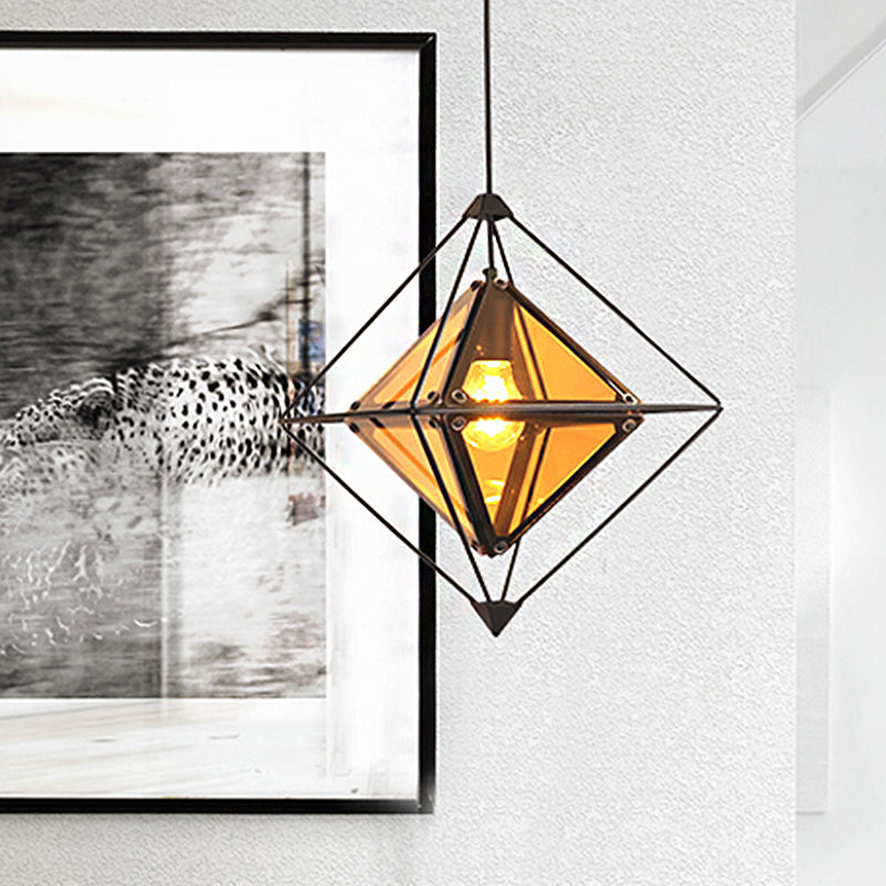 Polygon Ceiling Lamp With Amber/Smoke Glass Shade - Modern Pendant Light Black/Gold Frame
