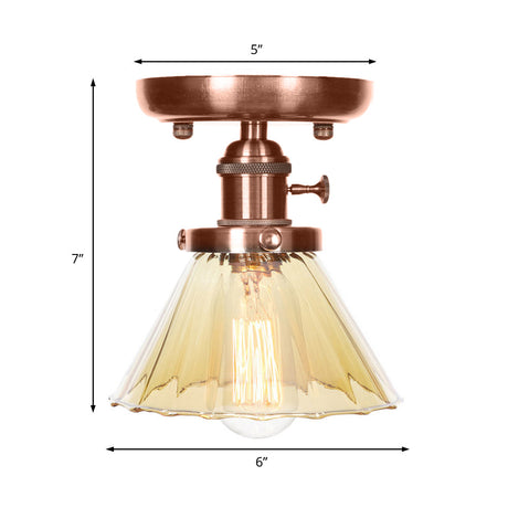 Industrial Weathered Copper Semi Flush Light With Clear/Amber Glass - 1 Cone/Bell Fixture