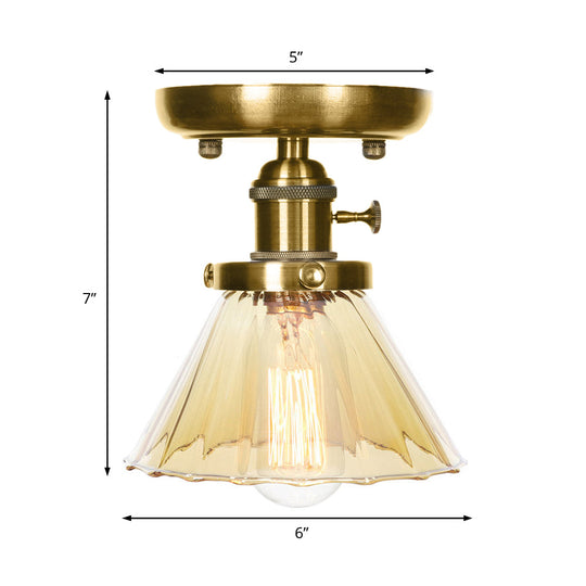 1-Light Clear/Amber Glass Ceiling Lighting - Industrial Brass Cone/Rhombus/Bell Semi Flush Mount