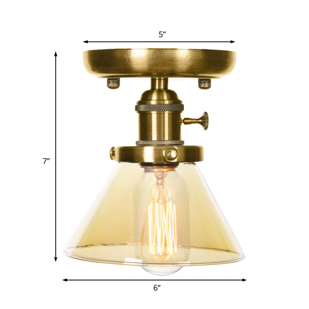 1-Light Clear/Amber Glass Ceiling Lighting - Industrial Brass Cone/Rhombus/Bell Semi Flush Mount