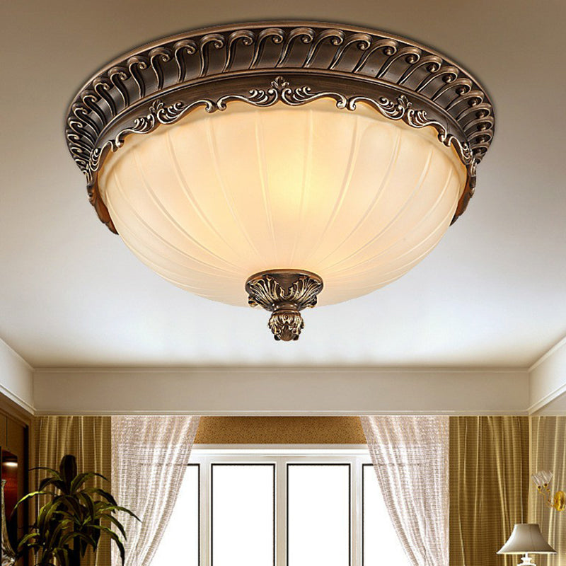 Classic Brown Ribbed Glass Dome Flush Mount Lighting Fixture - 3 Heads Ideal For Bedroom