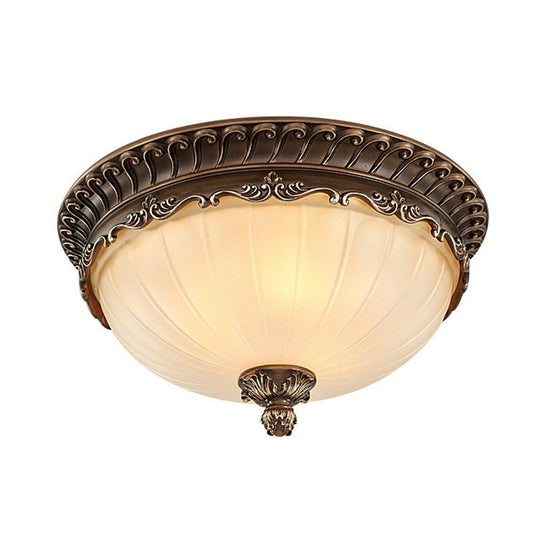 Classic Brown Ribbed Glass Dome Flush Mount Lighting Fixture - 3 Heads Ideal For Bedroom