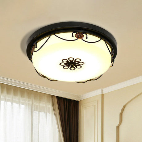 Vintage Opal Glass Drum Led Flush Ceiling Light For Bedroom Black Floral Decor