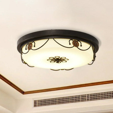 Vintage Opal Glass Drum Led Flush Ceiling Light For Bedroom Black Floral Decor