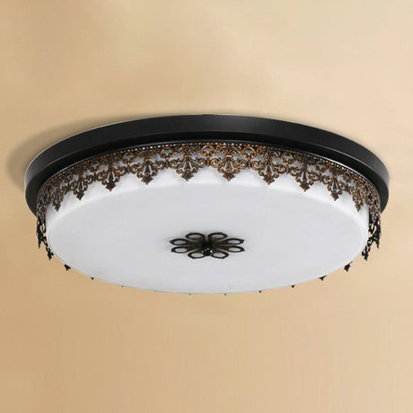 Vintage Opal Glass Drum Led Flush Ceiling Light For Bedroom Black Floral Decor