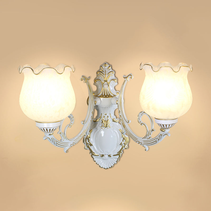 Classic Flower Wall Mount Light With Frost Glass And Ruffle Trim For Corridor 2 / White-Gold