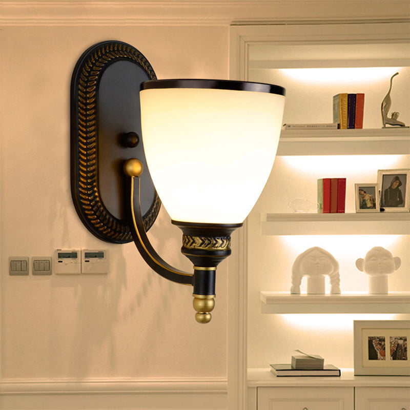 Black Rustic Wall Lamp With Bell-Shaped White Frost Glass Ideal For Living Room Lighting