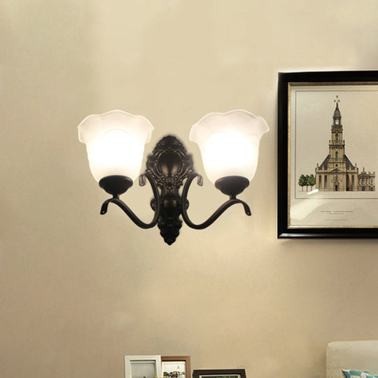 Traditional Black Wall Mount Light With Cream Glass Flared Shape Fixture For Living Room