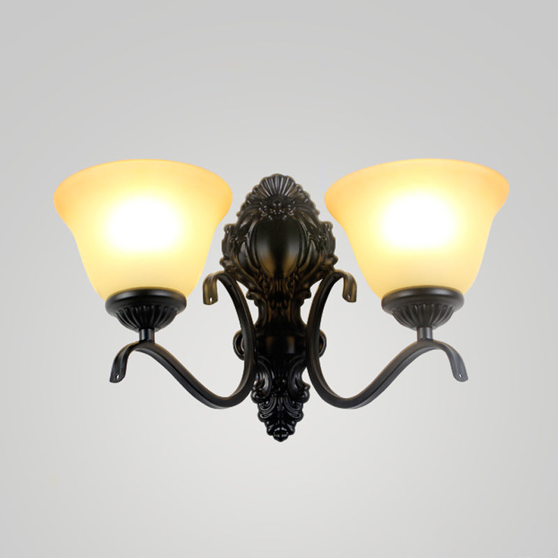 Traditional Black Wall Mount Light With Cream Glass Flared Shape Fixture For Living Room