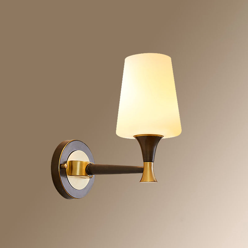 Traditional Brass Wall Mount Light With Tapered Cream Glass Shade - Corridor Fixture