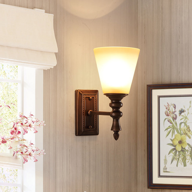Vintage Brown Cone Shade Wall Mounted Lamp With Cream Glass - 1-Light Fixture For Living Room