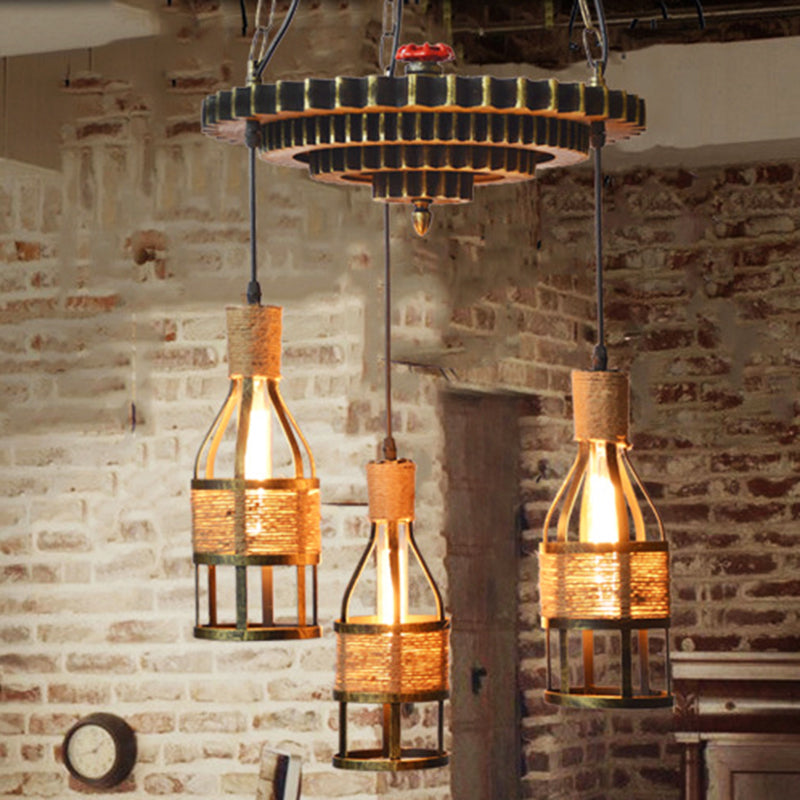 Industrial Bronze Bottle Chandelier - 3-Light Rope And Metal Hanging Pendant Light Fixture For