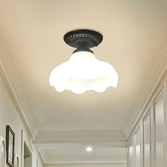 Traditional Black Bell Semi Flush Ceiling Light Fixture With Frosted Glass - 1 - Light / C