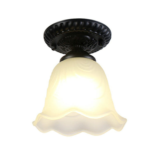 Traditional Black Bell Semi Flush Ceiling Light Fixture With Frosted Glass - 1 - Light