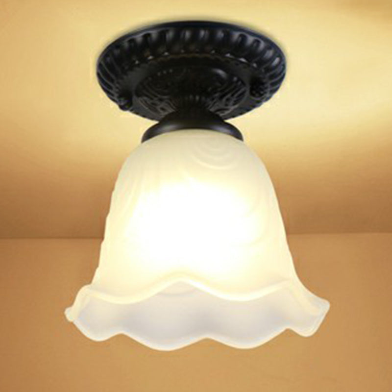 Traditional Black Bell Semi Flush Ceiling Light Fixture With Frosted Glass - 1 - Light