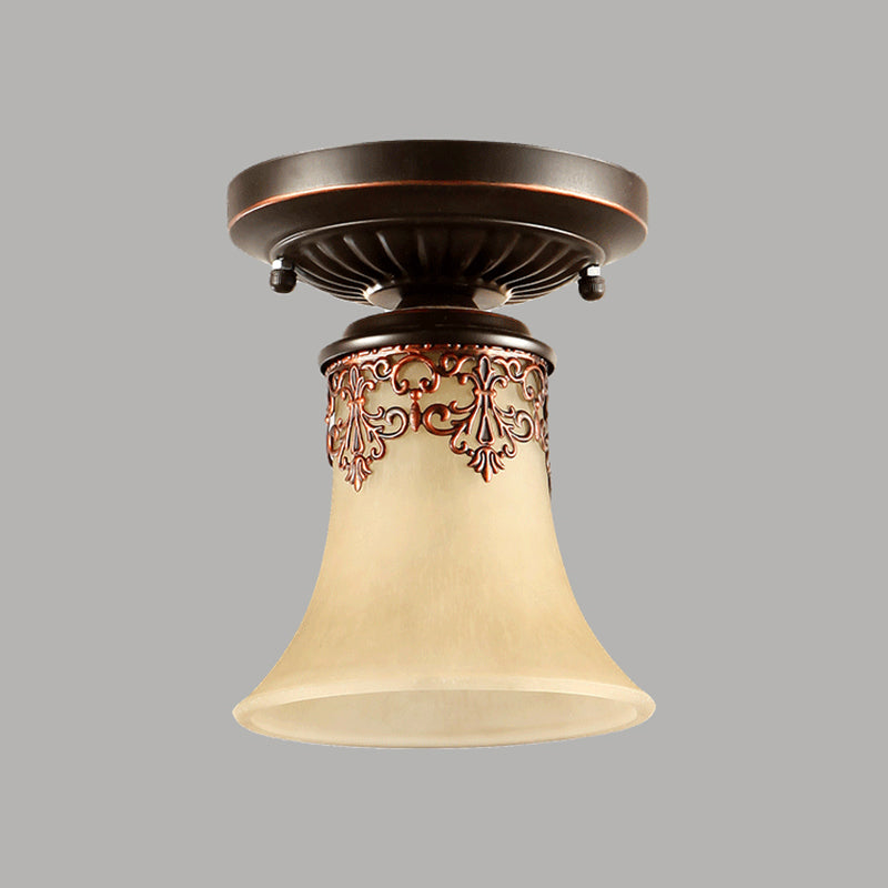 Frost Beige Glass Semi - Flush Mount Light With Retro Flair And Filigree Detailing