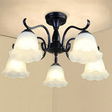 Vintage Opal Glass Semi Flush Mount Chandelier - Black Bell Shaped Ceiling Light For Living Room 5 /