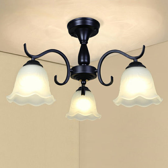 Vintage Opal Glass Semi Flush Mount Chandelier - Black Bell Shaped Ceiling Light For Living Room 3