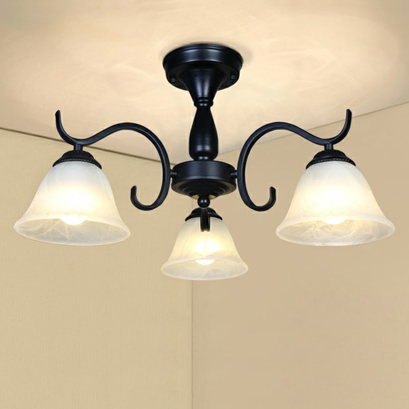Vintage Opal Glass Semi Flush Mount Chandelier - Black Bell Shaped Ceiling Light For Living Room 3