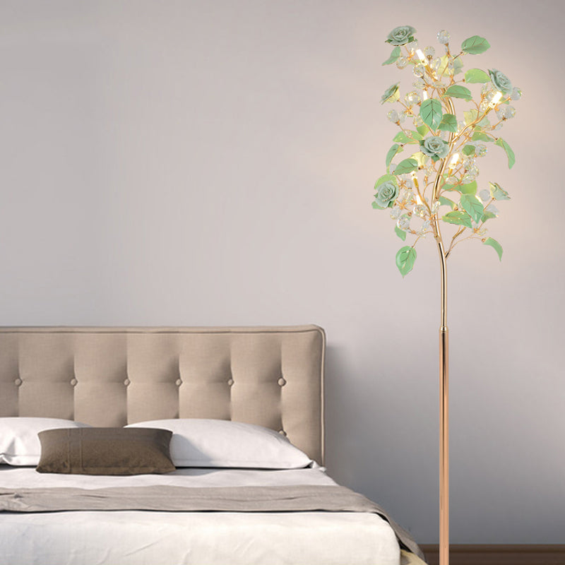 Green Ceramic Rose Led Floor Lamp With Crystal Decor - Elegant Living Room Lighting