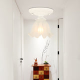 Frost Glass Ruffle Semi Flush Ceiling Light - Single-Bulb Pastoral Bedroom Fixture White