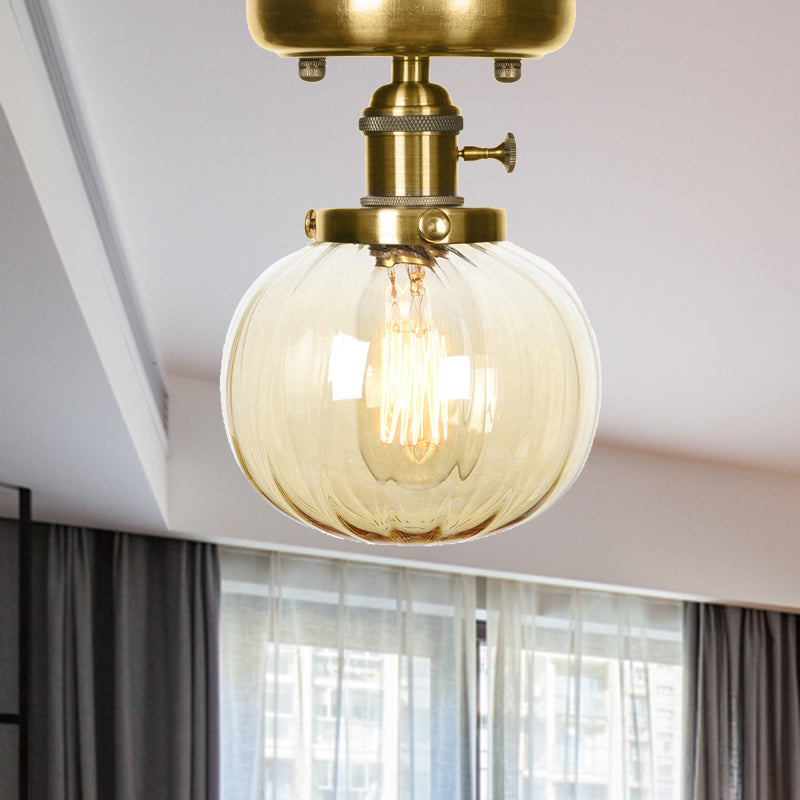 Semi Flush Bronze Globe Round Ceiling Light With Industrial Clear/Amber Glass - 1 - Light Fixture