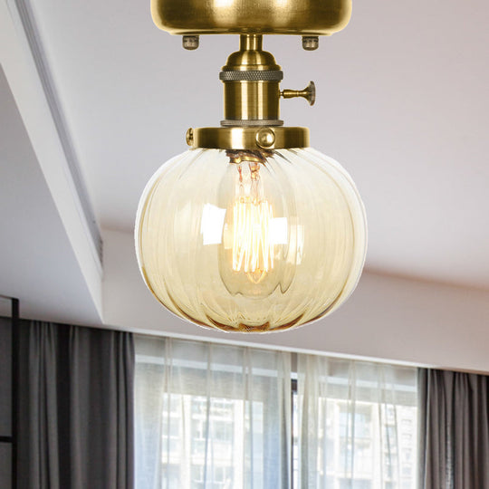 Semi Flush Bronze Globe Round Ceiling Light With Industrial Clear/Amber Glass - 1 - Light Fixture