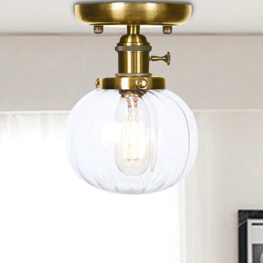 Semi Flush Bronze Globe Round Ceiling Light With Industrial Clear/Amber Glass - 1 - Light Fixture