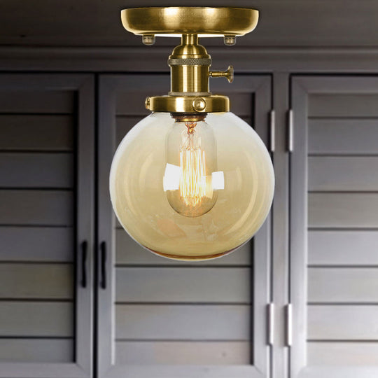 Semi Flush Bronze Globe Round Ceiling Light With Industrial Clear/Amber Glass - 1 - Light Fixture