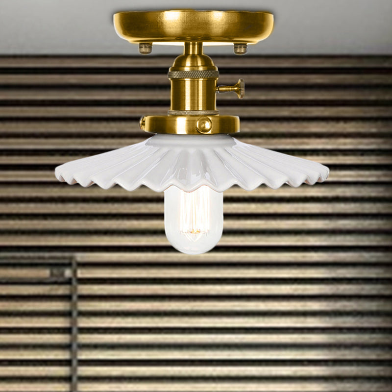Industrial Bronze Cone/Saucer Semi Flush Mount Light With White/Clear Glass - 1 Living Room Ceiling