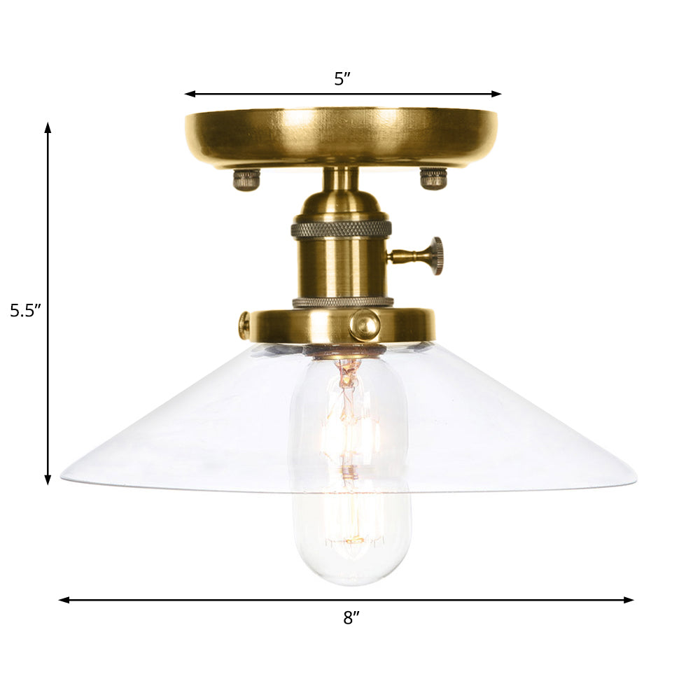 Industrial Bronze Cone/Saucer Semi Flush Mount Light With White/Clear Glass - 1 Living Room Ceiling