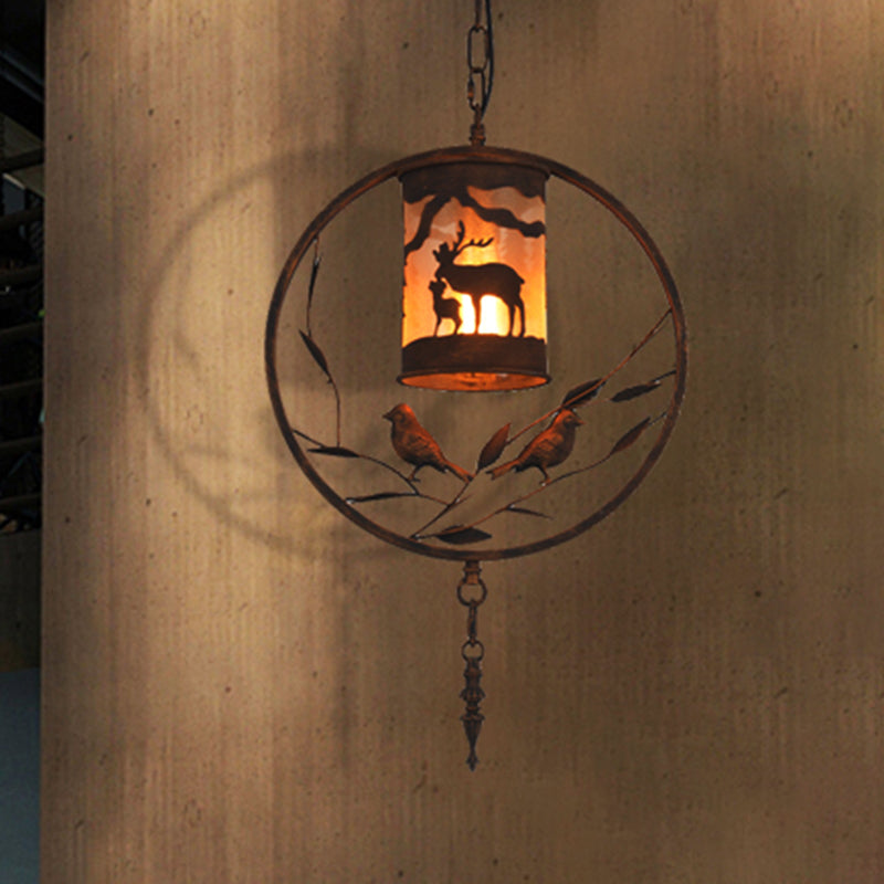 Vintage Rustic Cylinder Wall Sconce With Fabric Bird Accent - 1-Light Metal Lamp For Dining Room 1