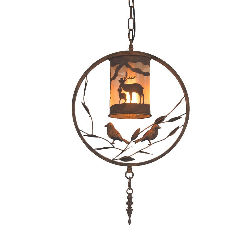 Vintage Rustic Cylinder Wall Sconce With Fabric Bird Accent - 1-Light Metal Lamp For Dining Room