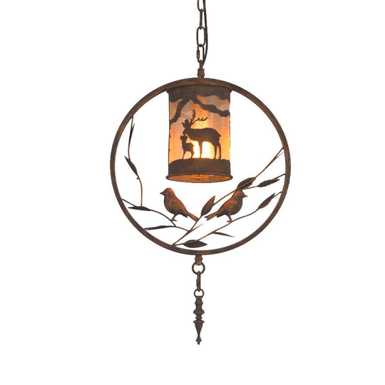 Vintage Rustic Cylinder Wall Sconce With Fabric Bird Accent - 1-Light Metal Lamp For Dining Room
